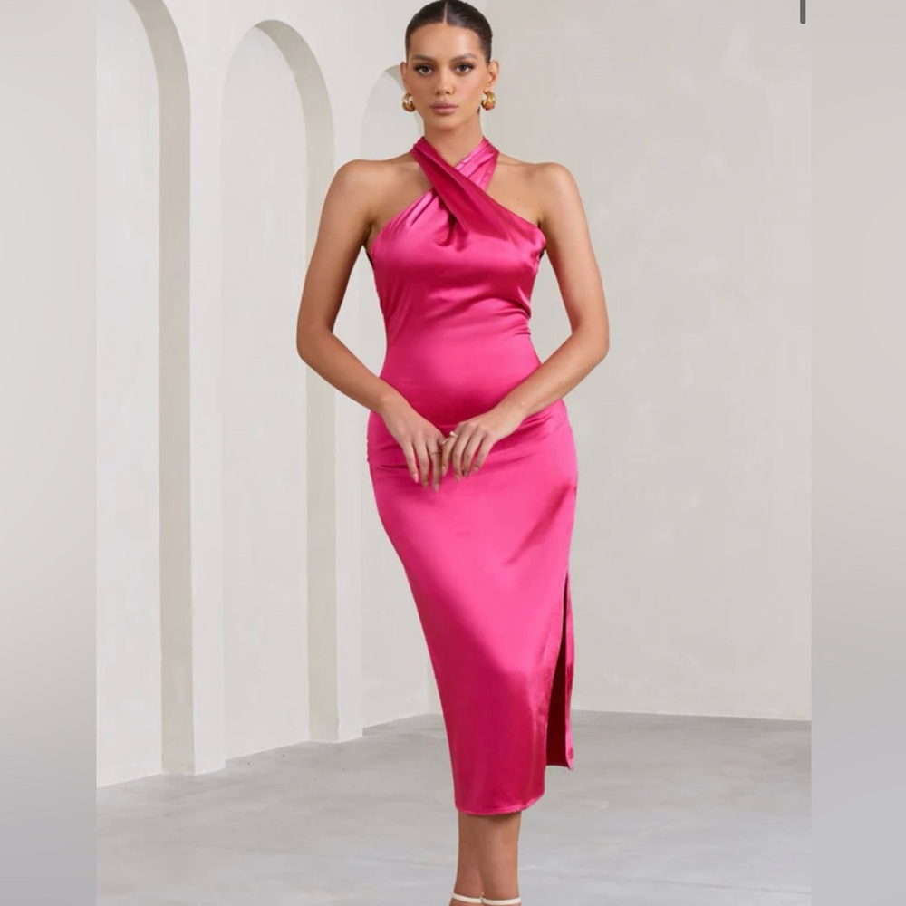 Club L London Pink Satin Midi Dress